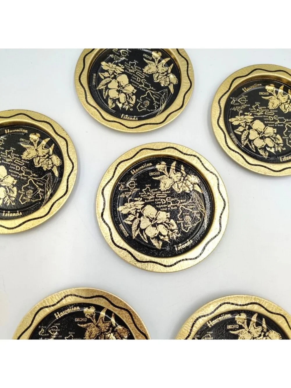 Hawaii Souvenir Metal Coaster Set 6 Vintage Gold Black Orchid Island Map 3.5